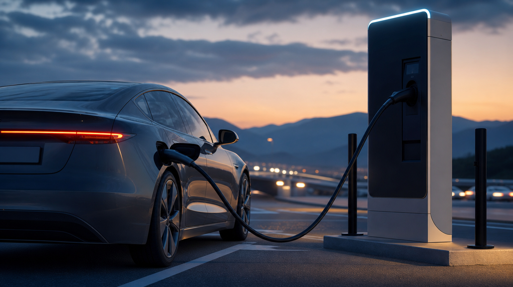 Elektrikli araç otoyol üzerindeki şarj istasyonunda şarj olurken